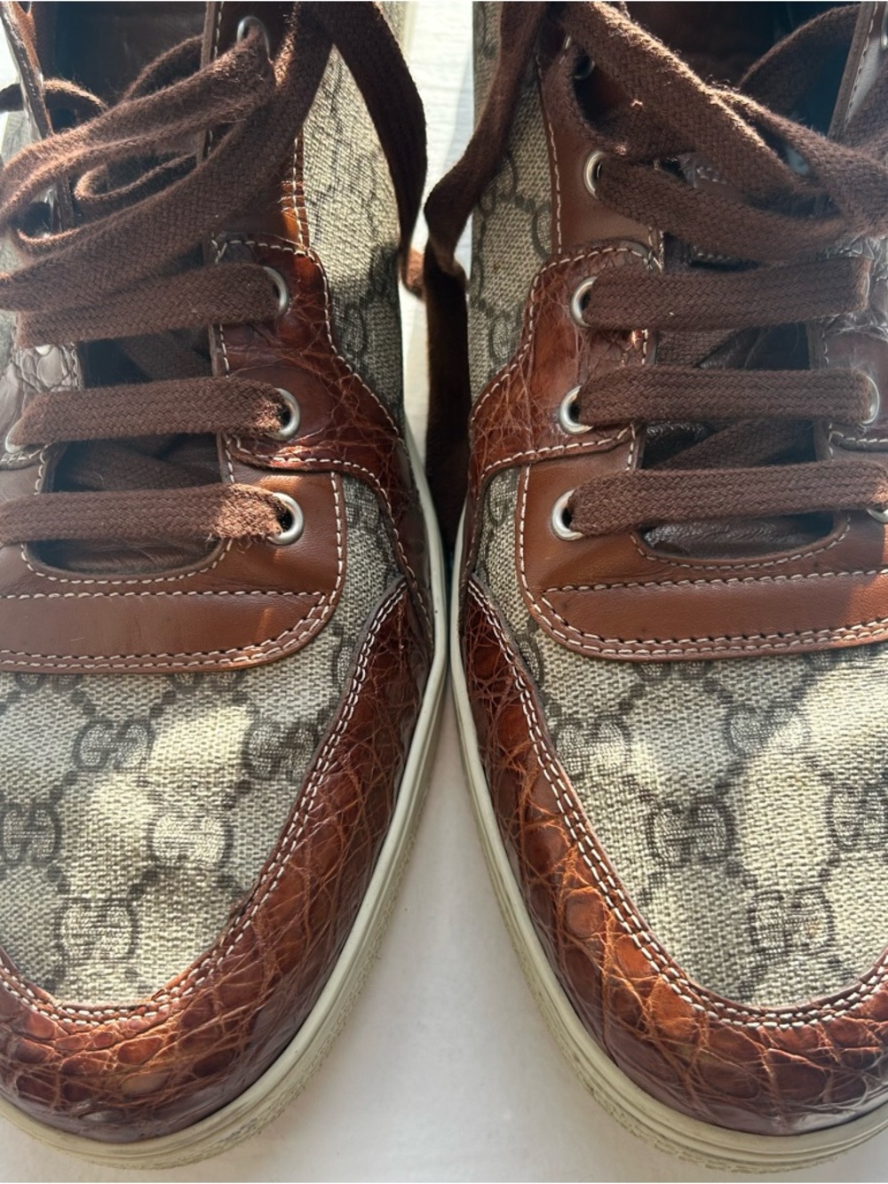 Men’s Gucci Imprime Crocodile Canvas GG High-Top Sneakers - Brown, Size 16 - Picture 3 of 15